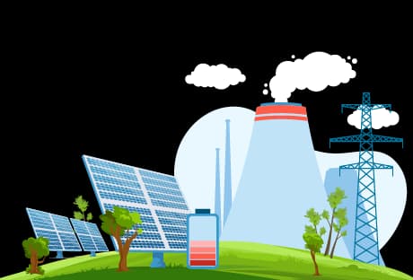 Visual representation of an electric power plant and solar panels, illustrating the comparison between solar energy and traditional energy methods thumbnail