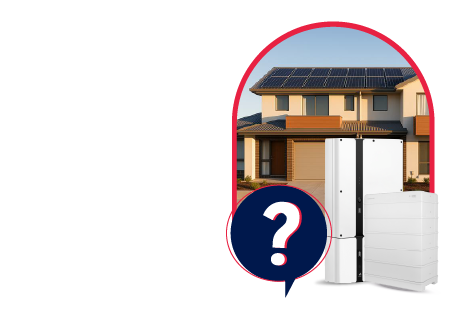 Modern Australian house with rooftop solar panels and three solar battery units, with a question mark icon