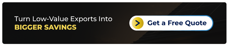 Dark promo banner reading 'Turn Low-Value Exports Into Bigger Savings' with a Get a Free Quote button'