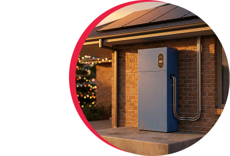 Solar battery installed outside an Australian home during Christmas season with festive lights in the background.