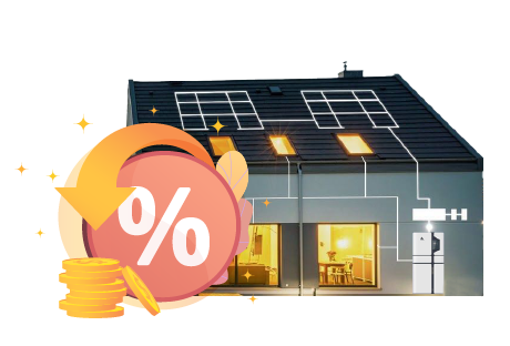 Illustration of a modern home with rooftop solar panels and battery system, symbolizing energy savings through a government rebate program.