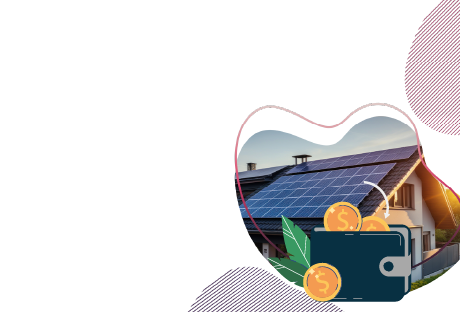 Graphic depicting a house with solar panels on its roof, with a wallet and gold coins represent solar saving with feed in tariff