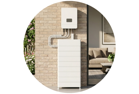 Modern home solar battery unit installed on exterior brick wall
