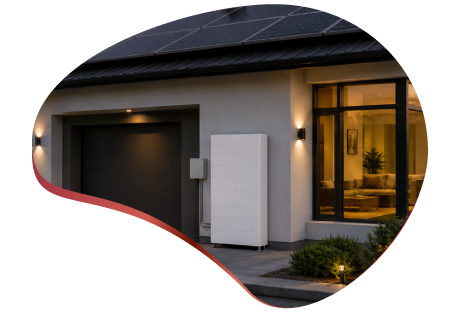 Modern home with solar panels and white battery storage unit on exterior wall