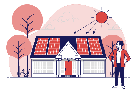 Vector image of a person standing in front of a house with solar panels installed on the rooftop