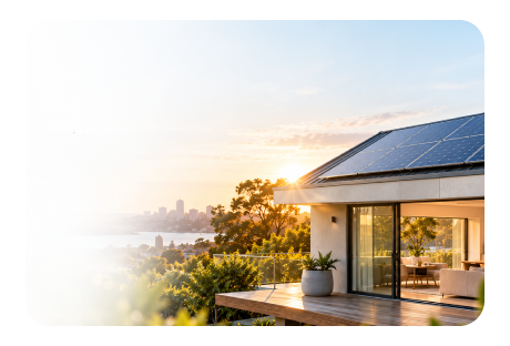 Modern house with solar panels on roof overlooking city skyline at sunset