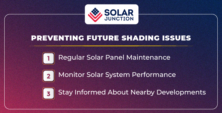 infographic with 3 tips for preventing future solar panel shading: maintenance, monitoring, and staying informed about developments