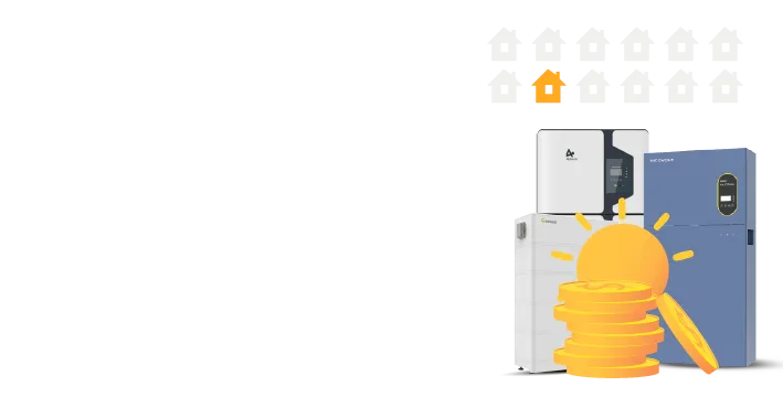 Illustration of solar battery systems with a coin stack and house icons, highlighting savings and adoption through the 2025 federal home battery incentive