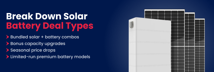 Breakdown of solar battery deal types with bundled combos, capacity upgrades, seasonal discounts, and premium battery models alongside solar panels
