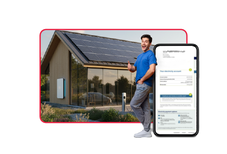 A smiling homeowner standing beside a solar-powered house with rooftop panels and a smartphone showing a reduced electricity bill, representing how solar batteries help cut energy costs in Australia.