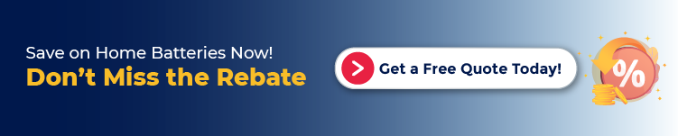 Banner with text ‘Save on Home Batteries Now! Don’t Miss the Rebate’ and a button reading ‘Get a Free Quote Today’, alongside a percentage and coin icon.".