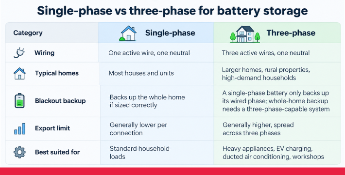 Comparison table showing the differences between single-phase and three-phase battery storage for homes.
