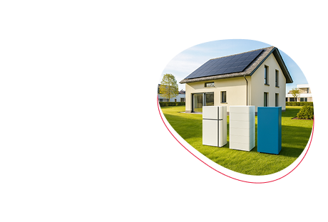 Solar-powered home with multiple battery storage units placed on the lawn, showcasing different solar battery options.
