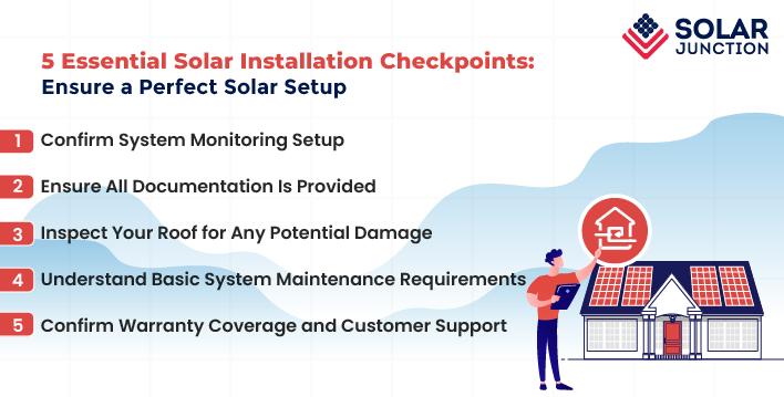 infographic image text with 5 esssential solar installation checkpoints: ensure a perfect solar setup