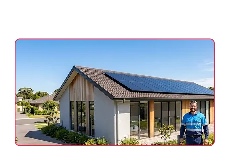 Modern home with solar panels installed on tiled roof with technician standing in front