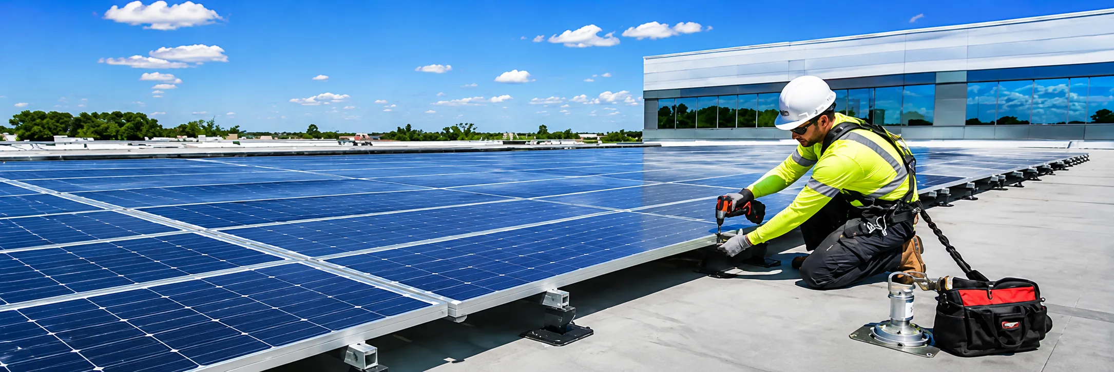 A technician in safety gear kneeling on a flat roof to install solar panels