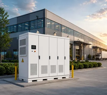 Large white battery energy storage system (BESS) with protective yellow bollards installed outside modern commercial office building.