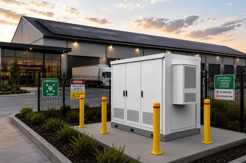 Large white electrical enclosure and solar battery storage unit protected by yellow bollards outside a commercial building with rooftop solar panels. 