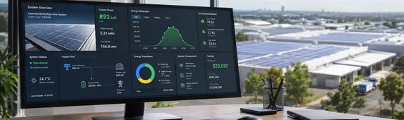 Commercial solar monitoring dashboard overlooking a rooftop solar installation