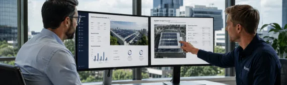 Solar consultant showing custom solar panel design proposal and system analytics on dual monitors to client during planning meeting.