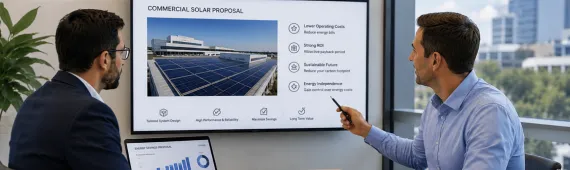 Professional solar sales consultation showing system benefits, financing options, and ROI projections on dual screens during client presentation.