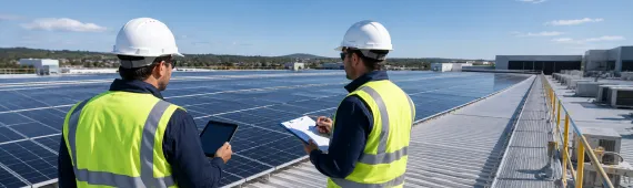 Professional solar installers conducting quality assessment of rooftop solar panel system using digital tablet and inspection checklist.