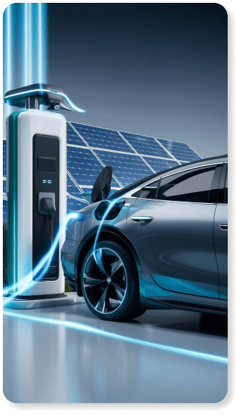 Electric car charging at a solar powered charging station with solar panels in the background