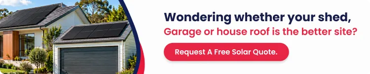 Home and garage roofs fitted with solar panels with a request a quote button.