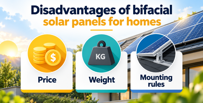 Disadvantages of bifacial solar panels for homes highlighting price, weight, and mounting rules.
