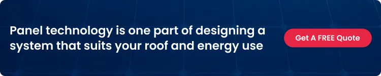 Banner reading "Panel technology is one part of designing a system that suits your roof" with a red button to get a free quote.