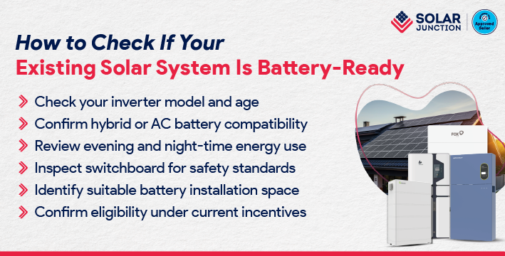 Checklist showing how to check if an existing solar system is battery-ready, including inverter compatibility, energy usage, switchboard safety, and installation space.